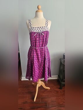 Sleeveless Purple & Pink Printed Midi Dress with Tie Waist